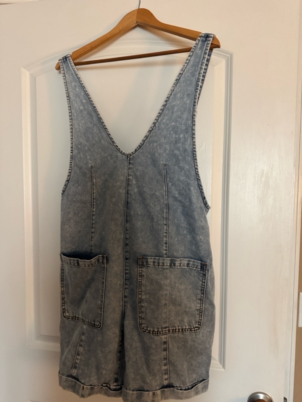 Very J Light Blue Denim Romper with Tag Detail